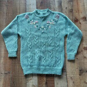 Vintage Studio Anne Klein Embroidered Cable Knit Sweater Mohair Wool Floral -S